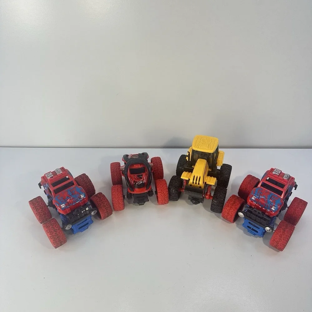 Lot of 4 Friction Propel Cars Push 'n Go Jeep Monster Truck Yellow Tractor Racer